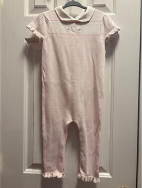 Janie and Jack Pink Knit Bunny Embroidered Long Romper Playsuit Baby Girl 12-18M